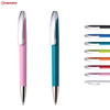 Two pens in pink and teal, alongside an assortment of pens in various bright colours, all featuring a silver clip.