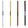 A set of four wood pencils in white, natural wood, red, and black, each featuring a logo.