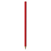 A red wood pencil featuring a sharpened tip and a wooden body, with a logo on the side.