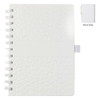 A white La Trobe Stone Paper Notebook with a textured cover and a grey elastic band, featuring a spiral binding.