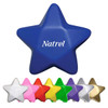 A blue star-shaped stress toy with various smaller star-shaped stress toys in pink, yellow, green, white, purple, gold, and silver.