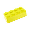 A yellow stress building block with rounded knobs, designed in the style of a toy brick. It has a glossy finish and a logo.