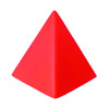 A red stress pyramid made of soft material with a smooth surface, featuring branding on one side.