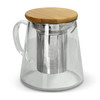 A clear glass teapot with a stainless steel infuser and a bamboo lid.