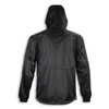 A black windbreaker jacket featuring a hood and a back vent design. It has a branding logo.