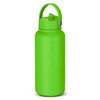 A drink bottle in vibrant green, featuring a handle and a secure lid, with a logo on the side.