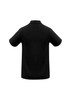 A black polo shirt with a classic collar and short sleeves, featuring a branding logo on the back.