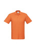 An orange men's polo shirt featuring a collar and three buttons, with a logo on the chest.