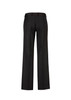 A pair of women's black adjustable waist pants with a straight-leg design and a back view.