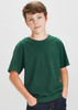 A green short sleeve tee for kids, displayed on a young boy with a neutral expression. The tee has a logo.
