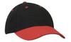 A black cap with a red peak and eyelets, featuring a logo.