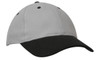 A cap featuring a grey upper and black visor, with a logo on the front.