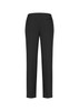 A pair of black slim leg pants with a bandless design and a back pocket, featuring a simple, elegant style.