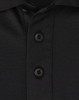 A black polo shirt featuring a collar and three buttons, designed with sustainable poly/cotton fabric and a logo.