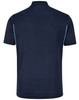 A navy blue men's polo shirt with short sleeves and contrasting light blue side accents. Features a logo.