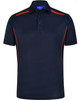 A navy polo shirt with contrasting red side panels and a collar. It features buttons and a logo.