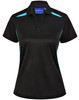 A black women's polo shirt featuring teal contrast accents and a logo on the collar.