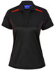 A black polo shirt with contrasting red accents, featuring a collar and button placket. Includes a logo.