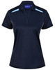 A navy blue polo shirt featuring light blue contrast detailing and a logo. Made from sustainable poly/cotton fabric.