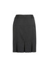 A black multi-pleat skirt with a fitted design and a concealed zipper at the back. It features a waistband and pleats.