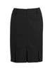 A black women's skirt featuring a multi-pleat design and a zipper closure at the back.