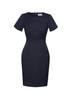 A short sleeve shift dress in navy blue with a fitted silhouette and a subtle brand logo.