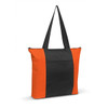 Avenue Tote Bag featuring a black body with orange side panels and long black handles. Includes a logo.