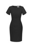 A black short sleeve shift dress with a fitted silhouette and a back zipper, featuring a subtle logo.