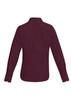 A burgundy long sleeve shirt, featuring a button-up design and a logo on the back.