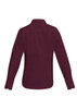 A burgundy long sleeve button-up shirt with a classic collar and a back yoke. Features logos on the fabric.