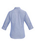 A light blue women's button-up shirt with 3/4 sleeves and a back yoke detail. It features a logo on the back.