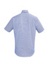 A light blue short sleeve button-up shirt featuring a back yoke and a logo.