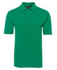 A green polo shirt featuring a collar and three buttons, designed for casual wear, with a logo on the chest.