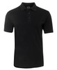 A black polo shirt with a collar and three-button placket, featuring branding.