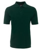 A dark green polo shirt with a collar and button placket, featuring a logo on the chest.