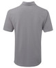 A grey polo shirt with a classic collar and short sleeves, featuring a branding logo.