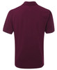 A maroon polo shirt featuring a plain back design and a collar, with a logo on the front.