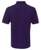 A purple polo shirt featuring a collar and short sleeves, with a logo on the back.