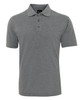 A grey polo shirt with a collar and three buttons, featuring a logo on the chest.