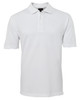 A plain white polo shirt featuring a collar and three buttons, branded with a logo.