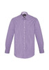 A long sleeve button-up shirt in a purple and white check pattern, featuring a pocket and a logo.