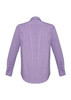 A long-sleeve button-up shirt in purple with a checkered pattern and a branded logo on the back.