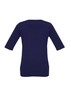 A navy blue women's T-shirt with short sleeves and a fitted design. It features a branding logo on the back.