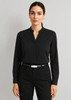 A long sleeve black blouse with a collar, featuring a sleek design and a fitted silhouette.