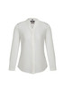 A white long sleeve blouse with a button-up front and a collarless design, featuring a logo.