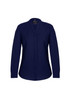 A navy blue women's long sleeve blouse with a button-up design and a collarless neckline.