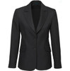 A black longline jacket featuring a tailored design, two front pockets, and a logo.