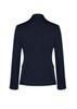 A navy blue mid-length women's jacket with a two-button design and fitted silhouette. It features a logo.