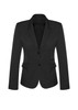 A black mid-length women's jacket with two buttons and a fitted design. It features a notched collar and pockets.