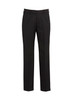 Black flat front pants with a regular fit, featuring a waist button closure and a subtle logo detail.